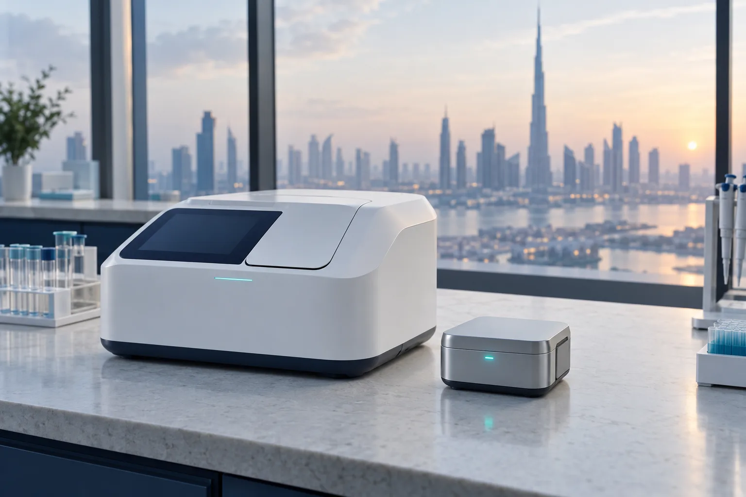 A Pontos point-of-care testing device beside a compact encrypted data module, overlooking the Dubai skyline at dawn