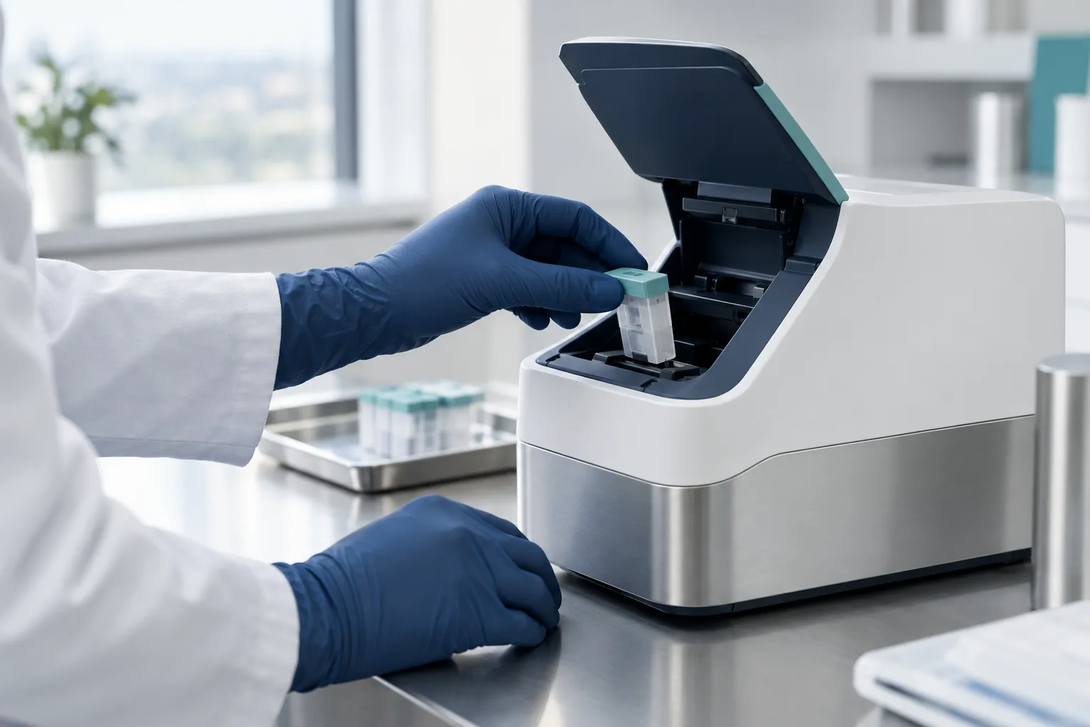 A clinician loading a sample cartridge into a compact point-of-care analyzer